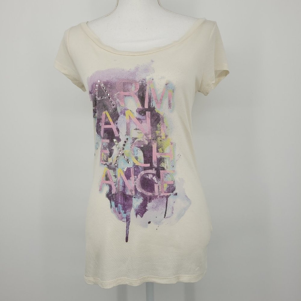 A/X Armani Exchange Cream Short Sleeve Graphic Tee with Pastel Print